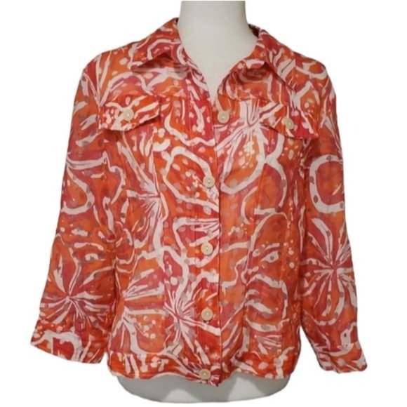 Linear Tropical Print Top Button Down Long Sleeve Sheer Blazer Size Md - Picture 1 of 9
